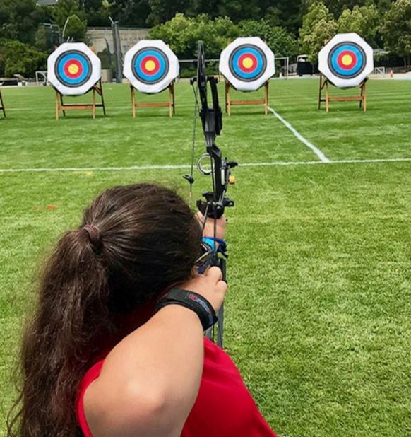 Olivia Curcuru competes at archery during the Desert Challenge Games 2019 in Los Angeles, in June 2019.