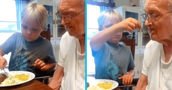 This adorable 6-year-old patiently feeds his great-grandfather who suffers from Alzheimer's disease.