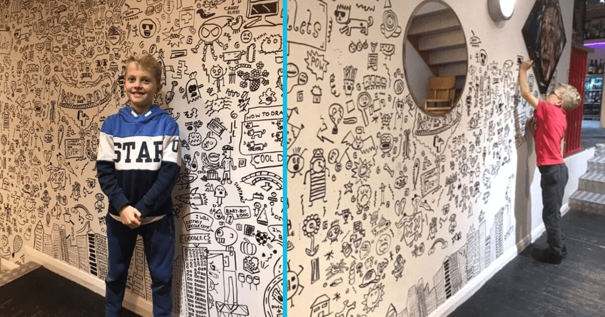 9-year-old boy kept getting in trouble for doodling at school, then a local restaurant hired him to decorate their walls.