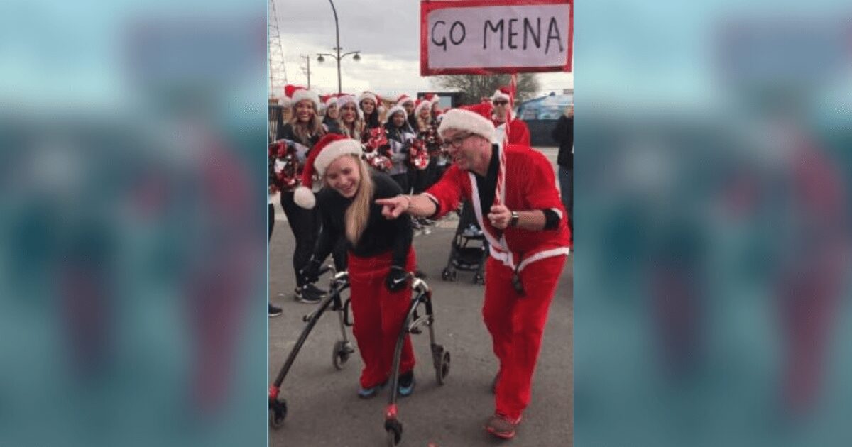 Girl with cerebral palsy overcomes the odds to finish annual Santa Run in record time using a walker. 