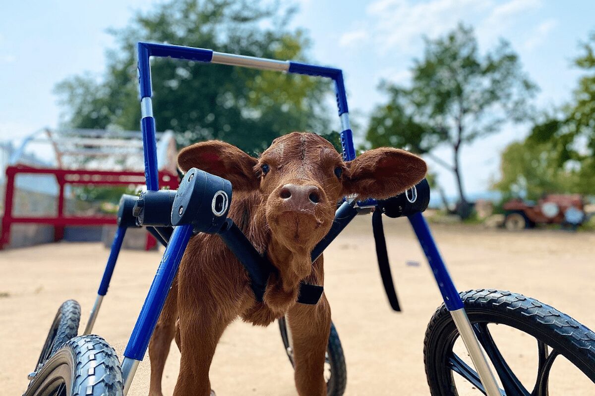 Baby calf born with a disability in her back legs gets fitted with a custom wheelchair.