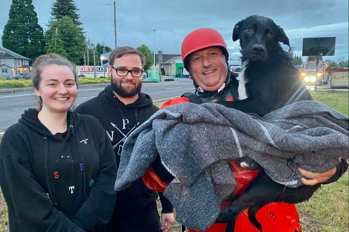 Oregon firefighters rescue injured dog from drowning and reunite the pup with his owners.