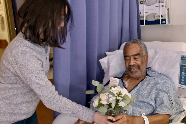 Repurposed wedding flowers from The Simple Sunflower being delivered to a patient.
