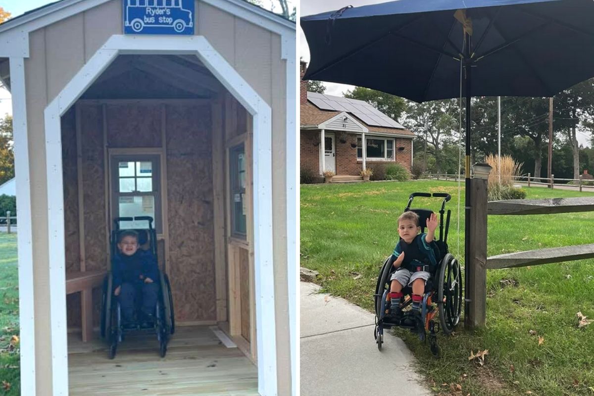 High school students build bus stop shelter for 5-year-old who uses a wheelchair.