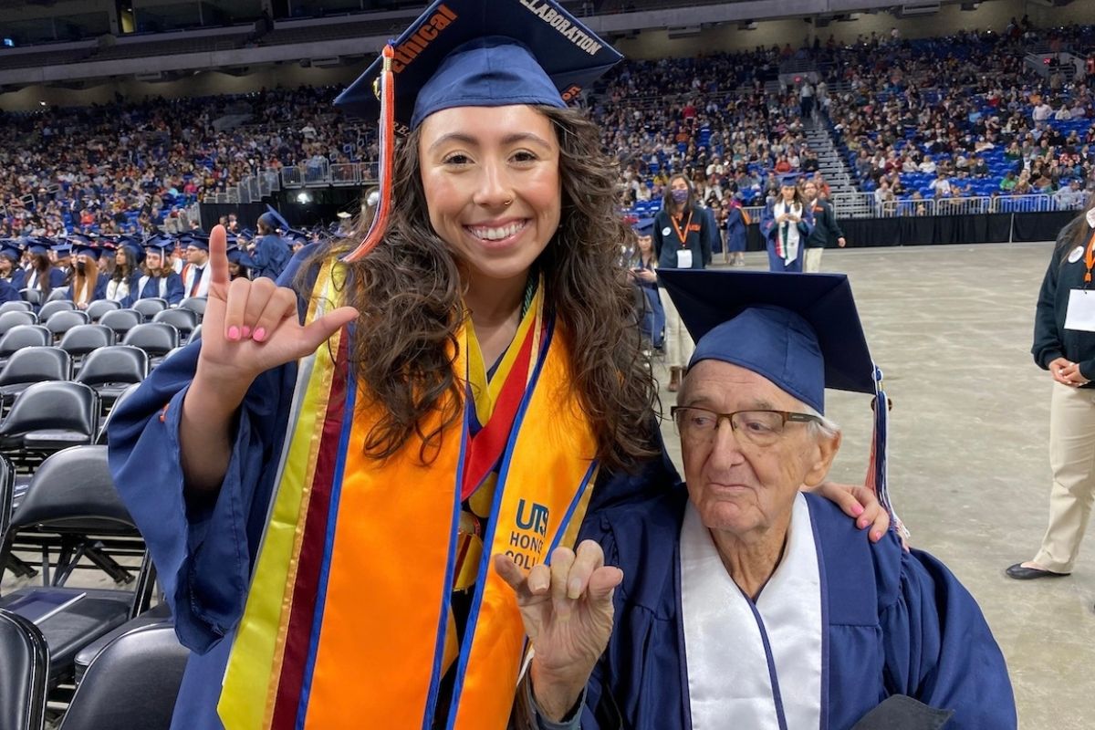 grandfather graduates college alongside his granddaughter to fulfill dream before hospice care. 