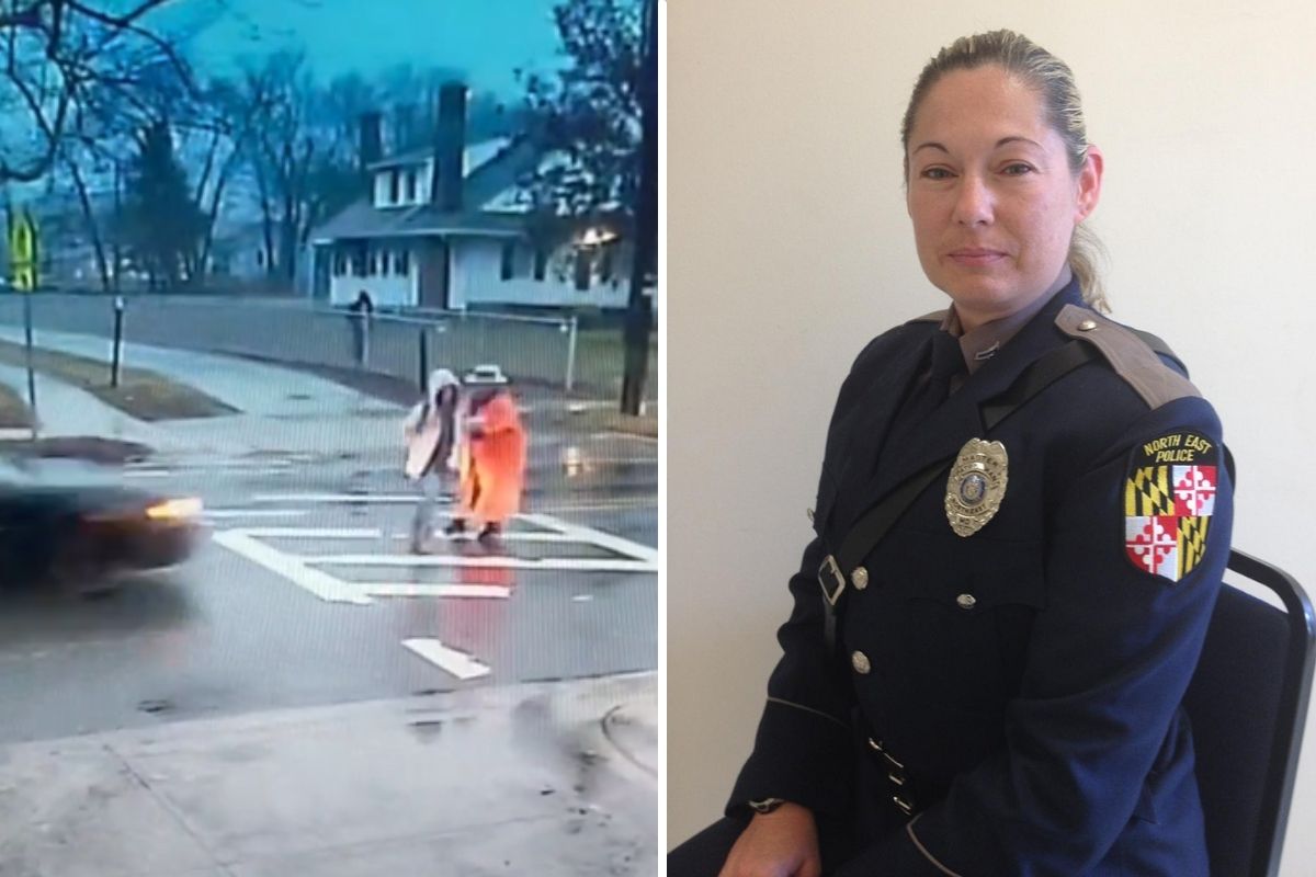 Hero police officer takes hit from speeding car while pushing student out of the way.
