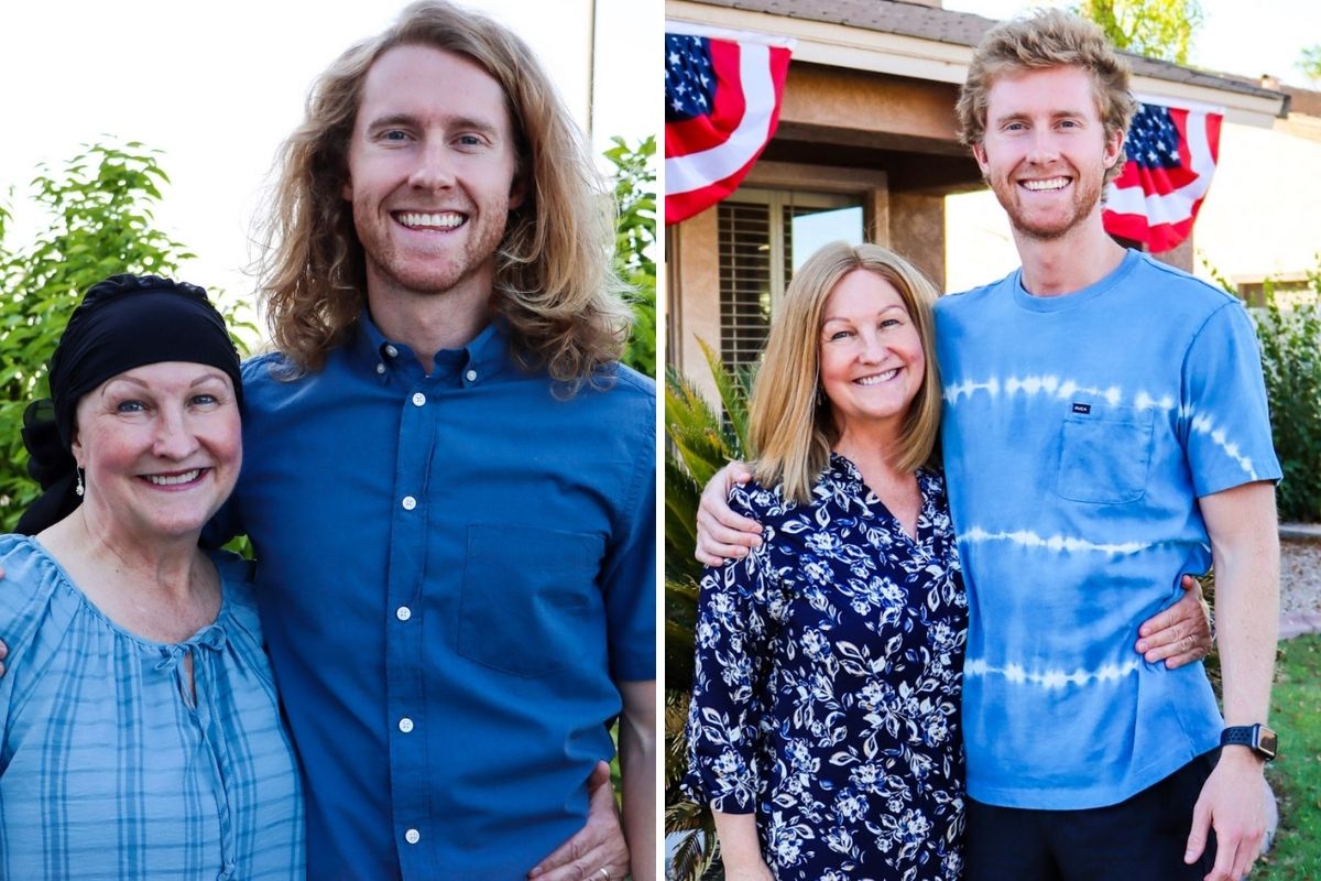 Son grows his hair out for two years to make a wig for his mom battling brain tumor. (Mercedes Berg/IG)