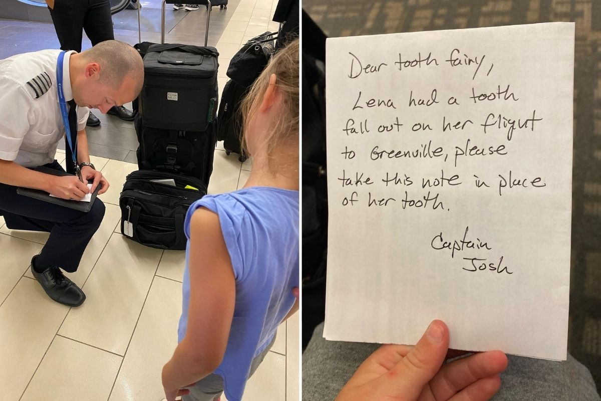 Airline pilot writes note to tooth fairy after little girl lost her tooth on his flight. (Lauren Elisabeth Larmon)