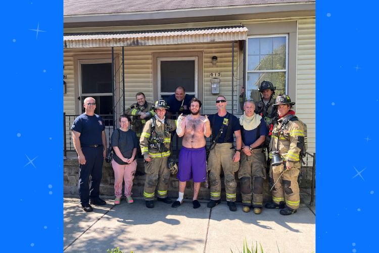 Nick Bostic takes photo with Lafayette Fire Dept after recovering from injuries. (Lafayette Professional Fire Fighters Local 472)