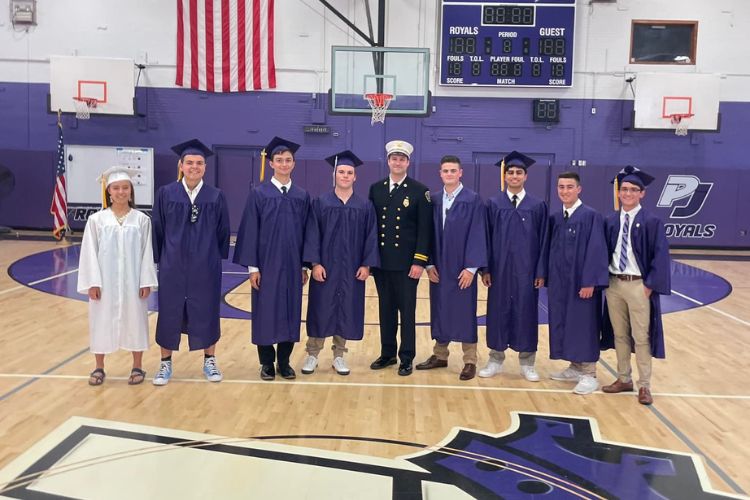 Six volunteer firefighters leave high school graduation to put out house fire. (Port Jefferson Fire Dept.)