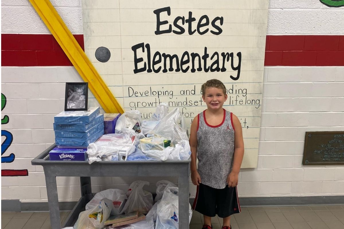 8-year-old boy donates $350 worth of school supplies to kindergartners to honor his late little brother. (Estes Elementary School)