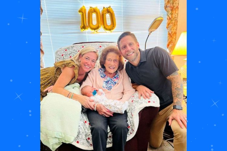 99-year-old woman meets her 100th great-grandchild 3 months before her 100th birthday. ( Christine Stokes Balster via GMA )99-year-old woman meets her 100th great-grandchild 3 months before her 100th birthday. ( Christine Stokes Balster via GMA )