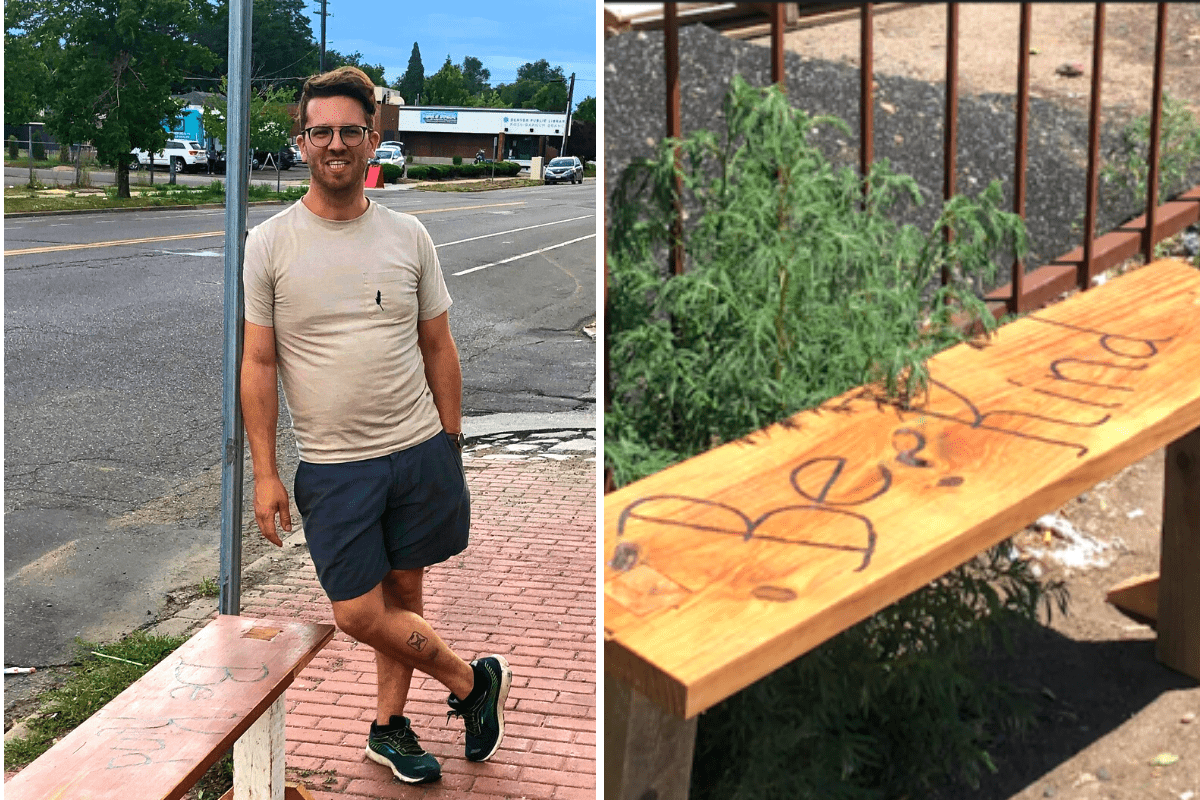Colorado man starts building bus stop benches after seeing a woman waiting for the bus in the dirt (James Warren)
