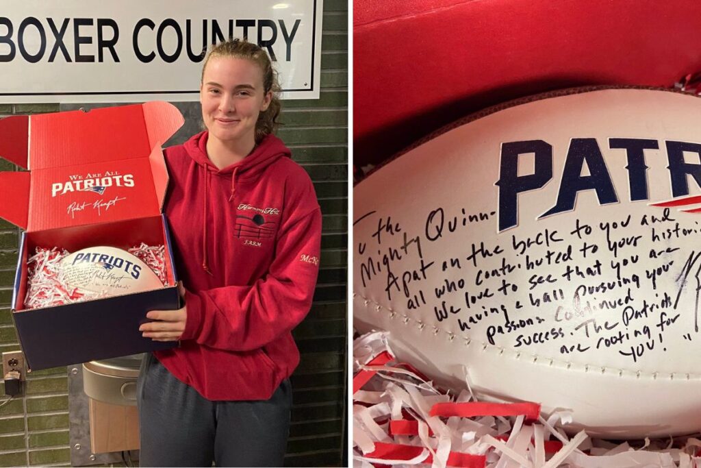 New England Patriots send gift to first female to score a touchdown in high school's 125-year history. (@BrocktonSchools/Twitter)