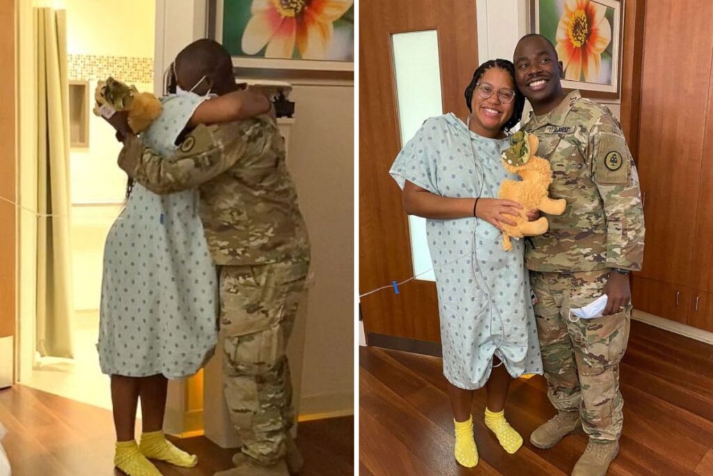 Military husband returns from deployment to surprise pregnant wife in the hospital before delivery