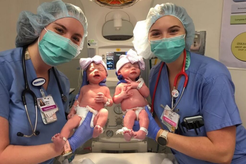 After welcoming twin girls, mom realizes the nurses helping with delivery have exact same names