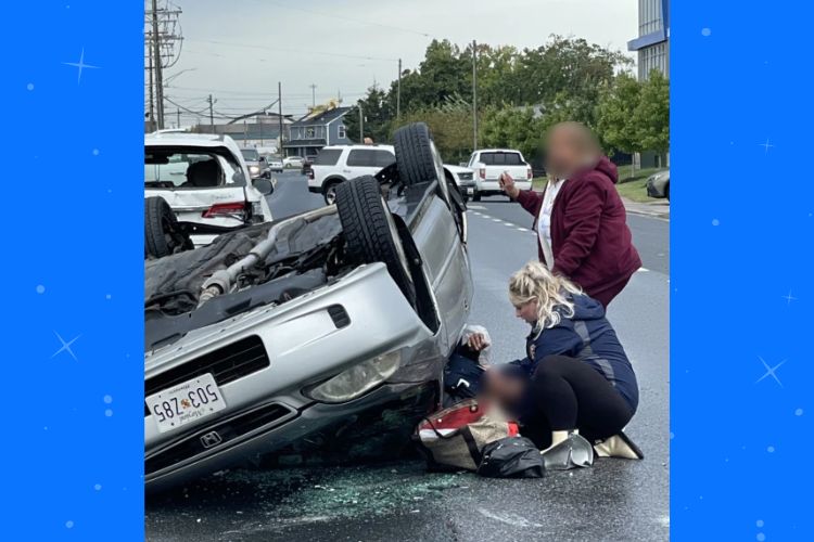 Pregnant firefighter rescues woman trapped in car after crash, then gives birth to healthy baby girl. (Megan Warfield)