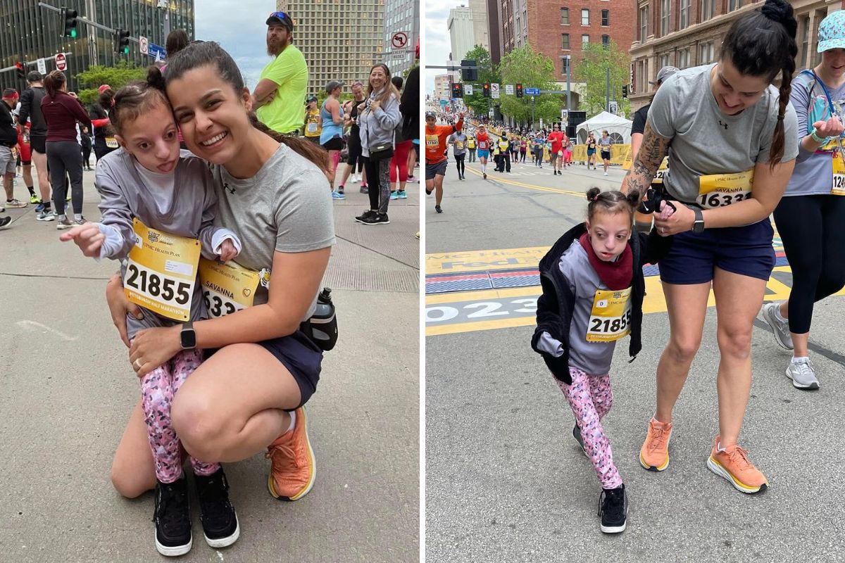 Savanna Barton crossing the finish line with her student Sophie.